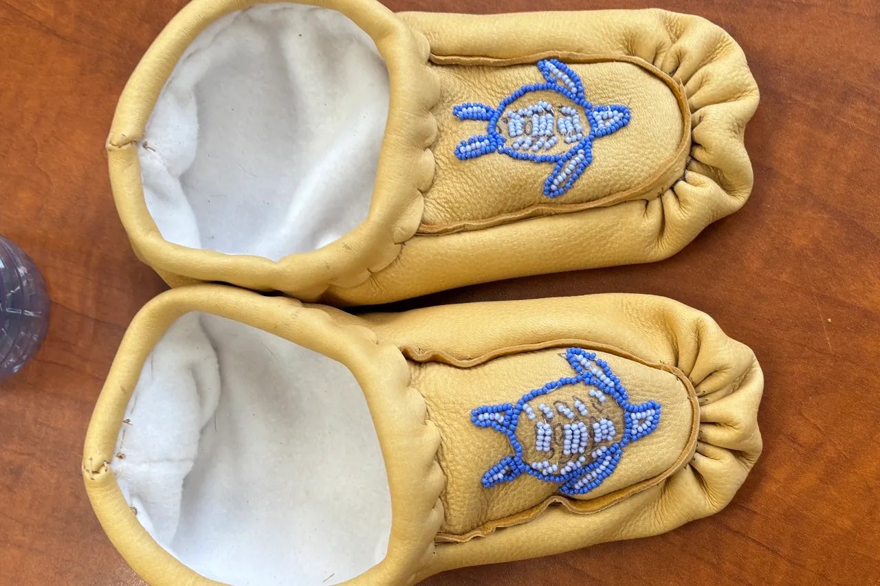 Yellow moccasins with blue turtle embroidery.